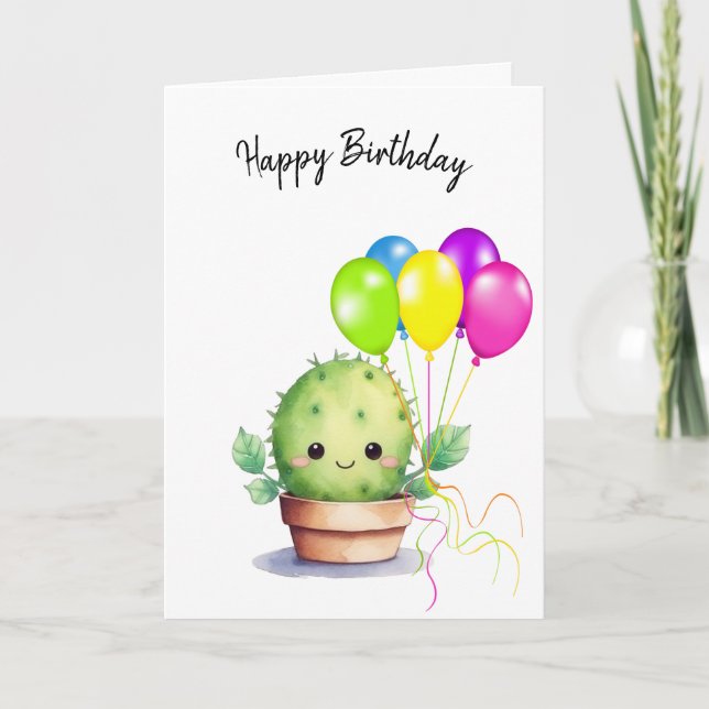 Cute Cactus with Birthday Balloons Card (Front)
