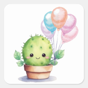 Cute Cactus with Birthday Balloons Square Sticker