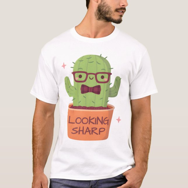 Cute Cactus With Glasses Looking Sharp T-Shirt (Front)