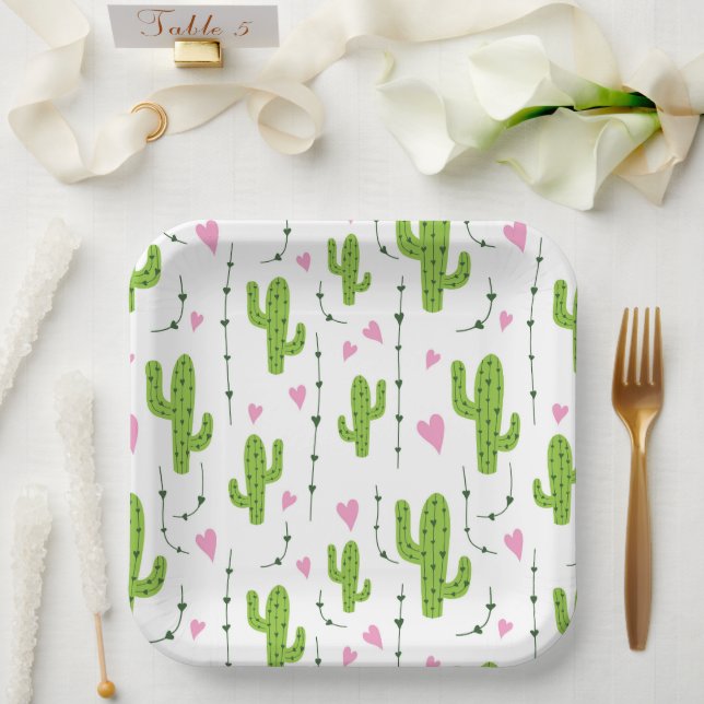 Cute cactus with hearts in green paper plate (Wedding)