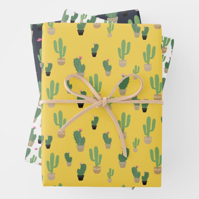 Cute Cactus Yellow Blue Pattern Wrapping Wrapping Paper Sheet (In situ)