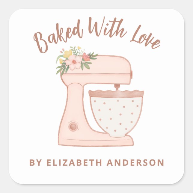 Cute Cake Mixer Baked With Love Square Sticker (Front)