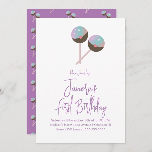 Cute Cake Pop Candy Bar First Birthday Invitation (Front/Back)
