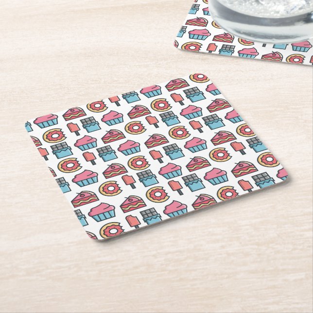 Cute Cakes and Desserts Pattern Square Paper Coaster (Angled)
