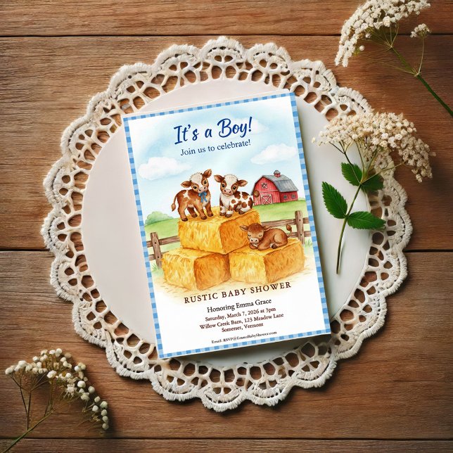 Cute Calf Baby Shower Gingham Hay Invitation (Creator Uploaded)