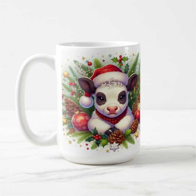 Cute Calf in Festive Christmas Arrangement  Coffee Mug (Left)