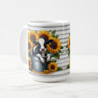 Cute Calf in Metal Bucket with Vibrant Sunflowers