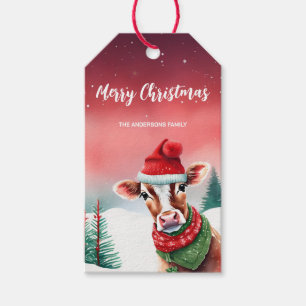 Cute Calf OX bull Santa Christmas party Snow kid Gift Tags