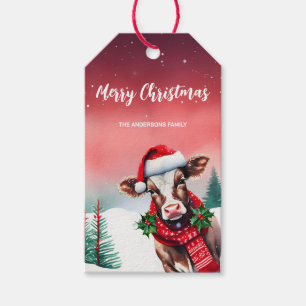 Cute Calf OX bull Santa Christmas party Snow kid Gift Tags