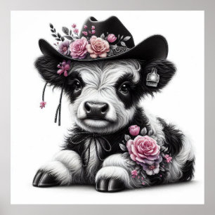 Cute Calf Wearing Hat Adorned with Flowers Poster