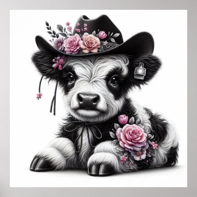 Cute Calf Wearing Hat Adorned with Flowers Poster (Front)