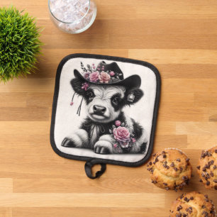 Cute Calf Wearing Hat Adorned with Flowers Pot Holder