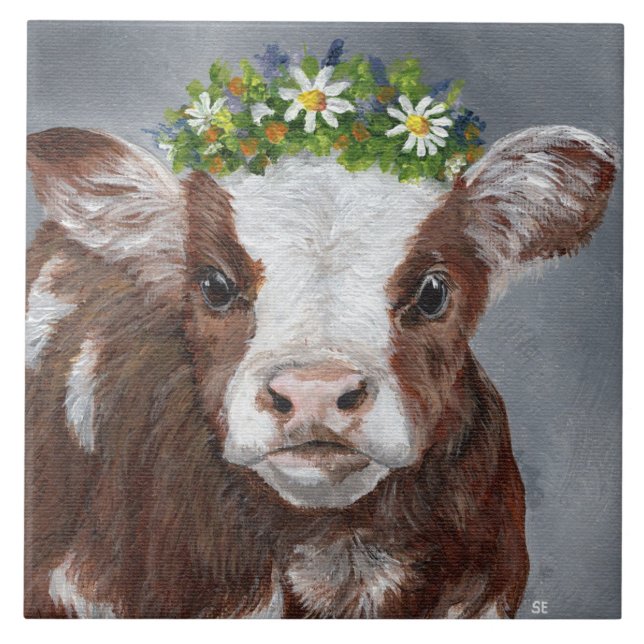 Cute Calf with Floral Crown Tile (Front)