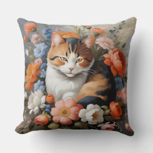 Cute calico cat and flowers cushion