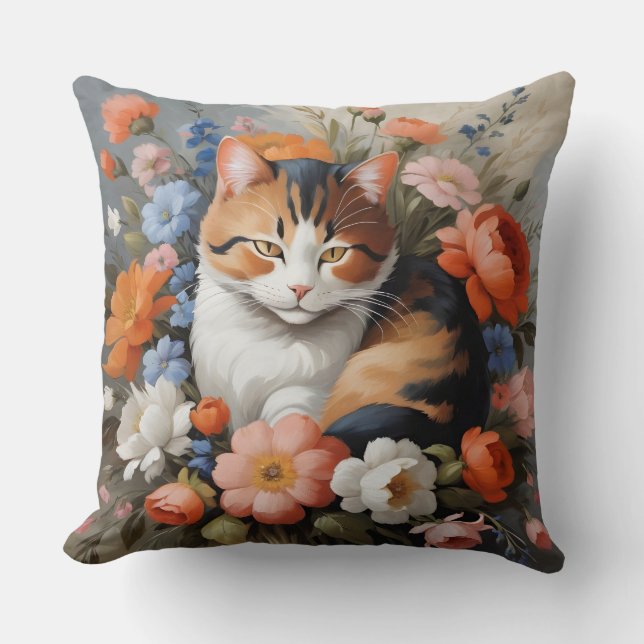 Cute calico cat and flowers cushion (Front)