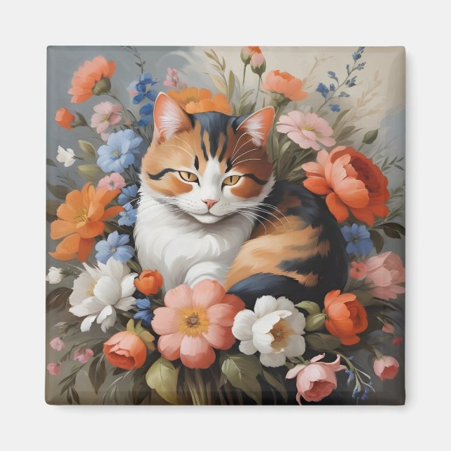 Cute calico cat and flowers magnet (Front)