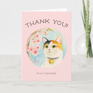 Cute Calico Cat and Pink Flowers   Thank You Card