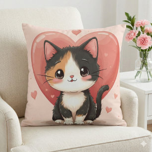 Cute Calico Cat Heart Kawaii Valentine’s Art Cushion