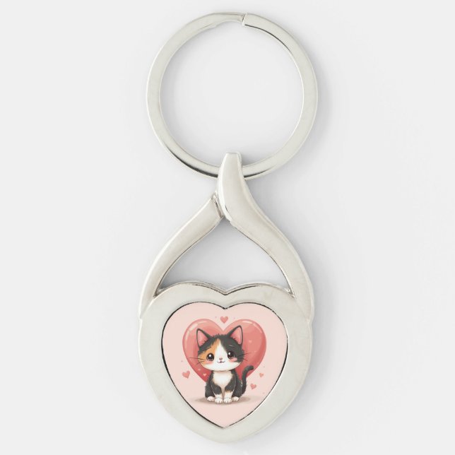 Cute Calico Cat Heart Kawaii Valentine’s Art Key Ring (Front)