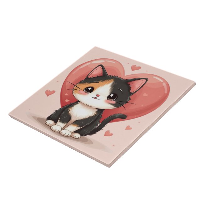Cute Calico Cat Heart Kawaii Valentine’s Art Tile (Side)