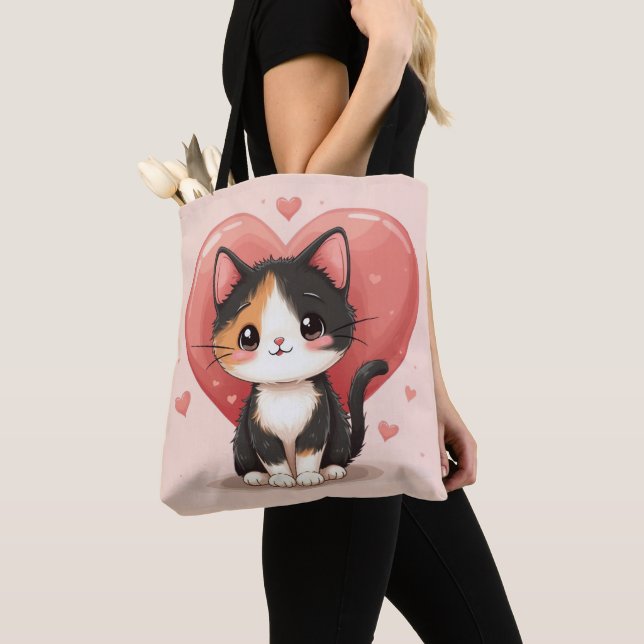 Cute Calico Cat Heart Kawaii Valentine’s Art Tote Bag (Close Up)