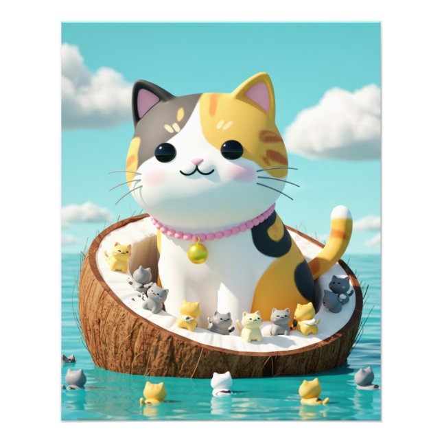 Cute Calico Cat in Coconut Island – Kawaii Ocean F Photo Print (Front)