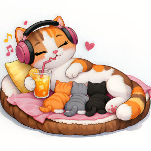 Cute Calico Cat Mum with Kittens and Headphones Poster