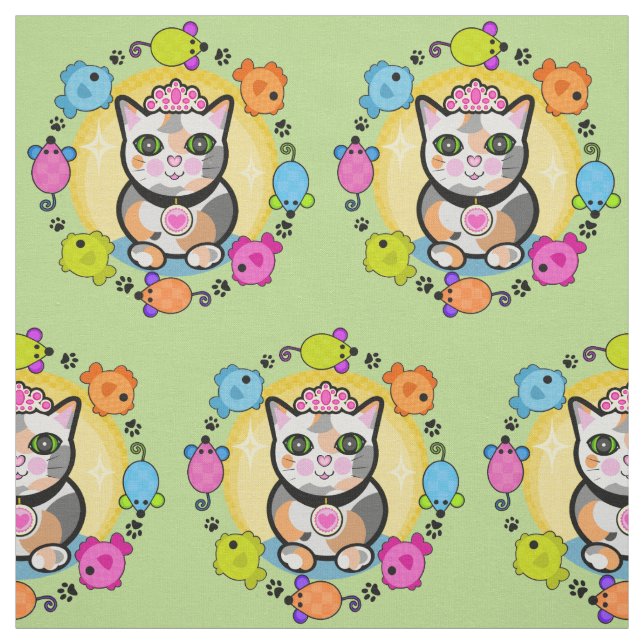 Cute Calico Cat Queen Kitty Lovers Fabric (Swatch)