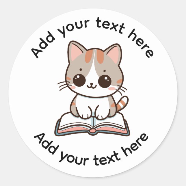 Cute Calico Cat Reading A Book Custom Classic Round Sticker (Front)