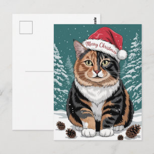 Cute Calico Cat Santa Hat Merry Christmas Winter   Postcard