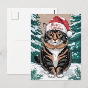 Cute Calico Cat Santa Hat Merry Christmas Winter   Postcard