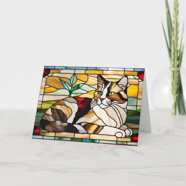 Cute Calico Cat Stained Glass Card (Front)