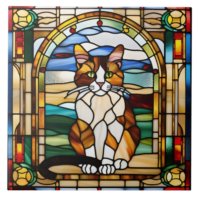 Cute Calico Cat Stained Glass Decorative Tile (Front)