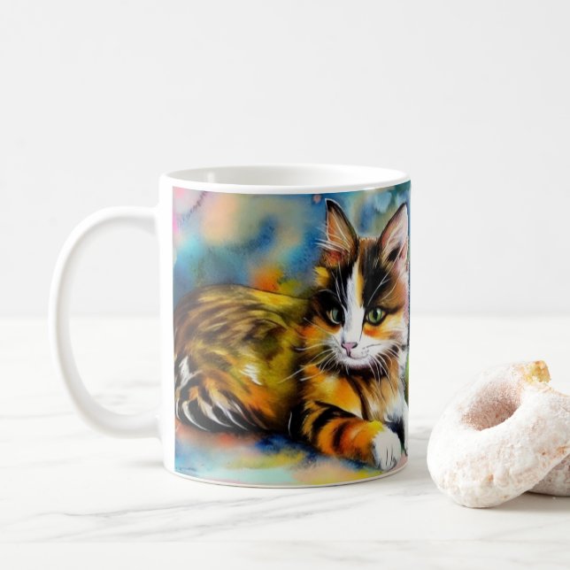 Cute Calico Cat | Vibrant Watercolor | Green Eyes  Coffee Mug (With Donut)
