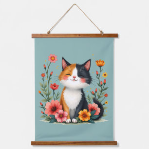 Cute Calico Cat with Floral Cottagecore Aesthetic Hanging Tapestry