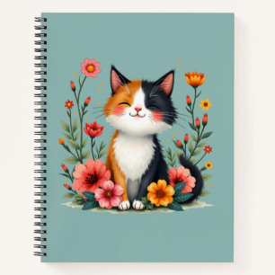 Cute Calico Cat with Floral Cottagecore Aesthetic Notebook