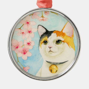 Cute Calico Cat with Pink Flowers Watercolor Metal Tree Decoration