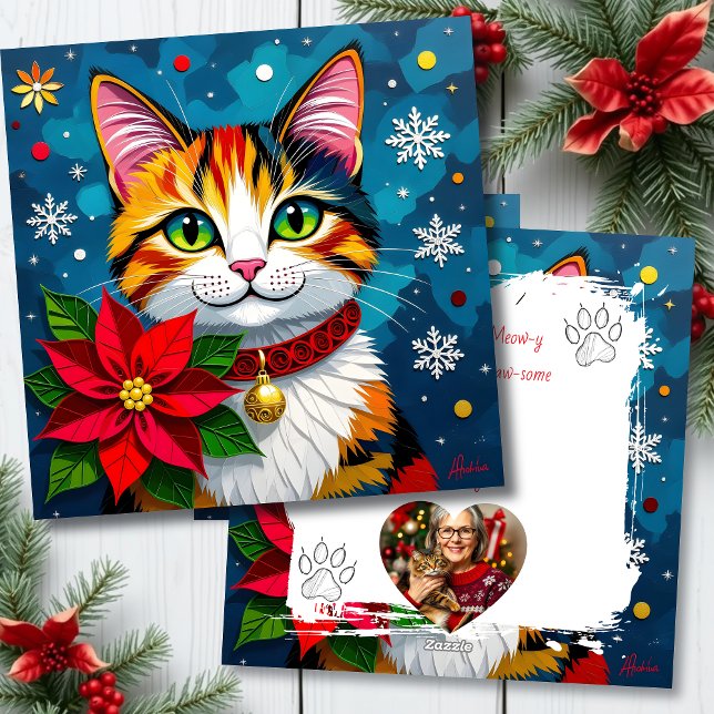 Cute Calico Cat with Poinsettias Custom Christmas Holiday Card (Creator Uploaded)