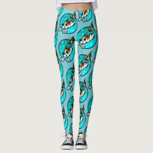 CUTE CALICO KITTY CAT MERMAID TURQUOISE LEGGINGS
