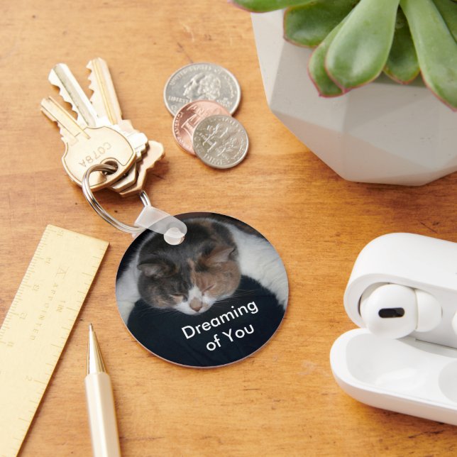 Cute Calico Sleeping Cat Dreaming of You Key Ring (Desk)