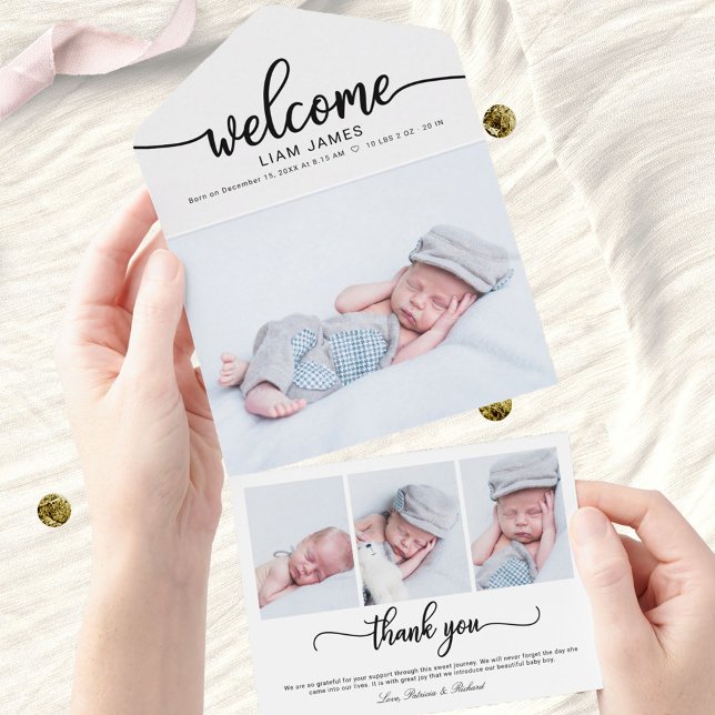 Cute Calligraphy Photo Birth Announcement Cards (Creator Uploaded)