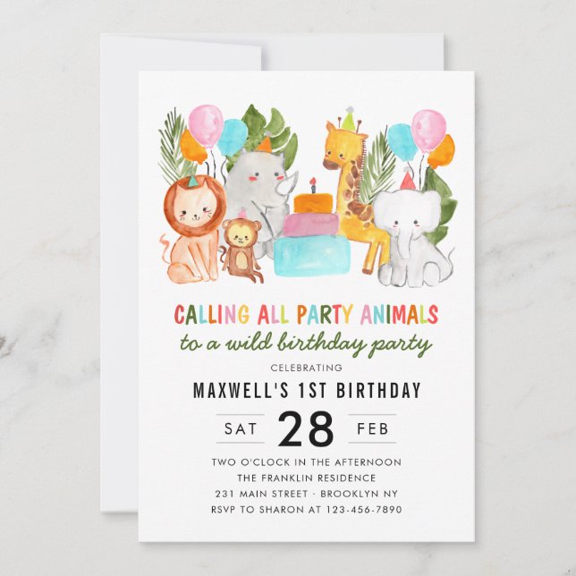 Cute Calling All Party Animals Zoo Safari Birthday Invitation (Front)