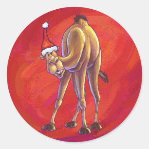 Cute Camel Christmas On Red Classic Round Sticker