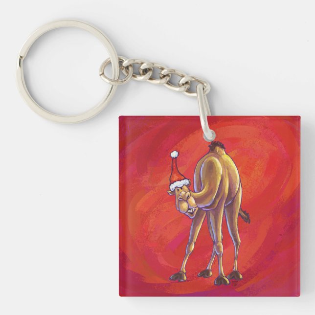 Cute Camel Christmas On Red Key Ring (Front)