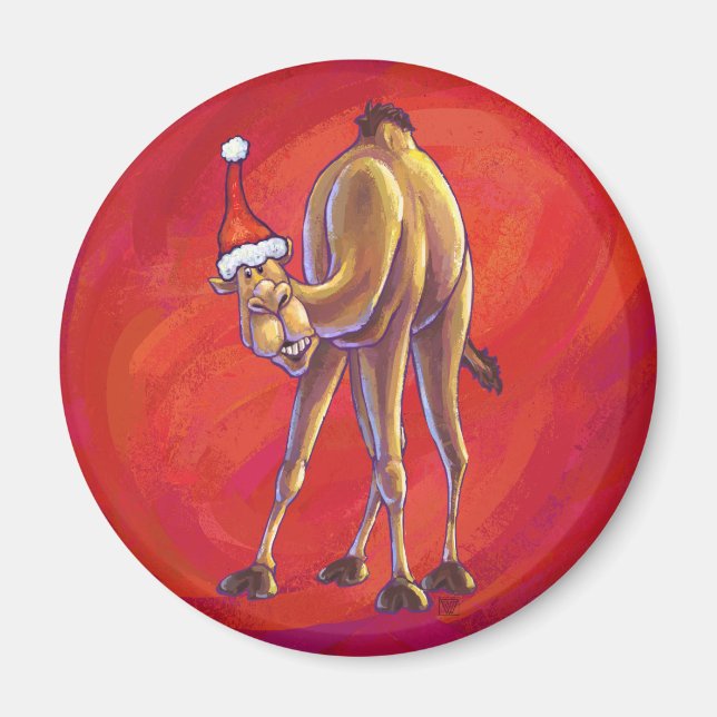 Cute Camel Christmas On Red Magnet (Front)