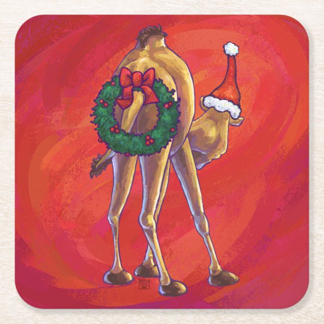 Cute Camel Christmas On Red Square Paper Coaster (Front)