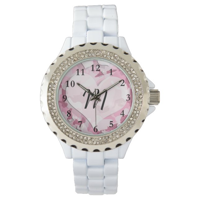 Cute Camo and Hearts Personalised Monogram Watch (Front)