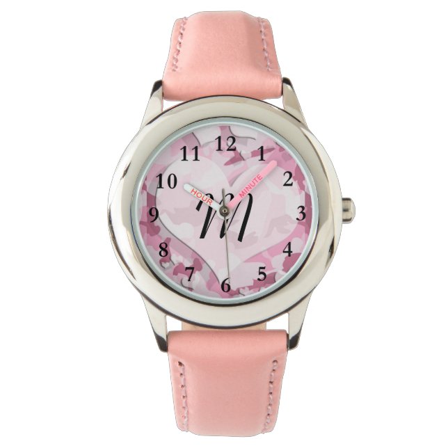 Cute Camo and Hearts Personalised Monogram Watch (Front)