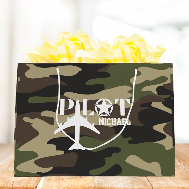 Cute Camouflage Pilot typography, personalised Large Gift Bag (Creator Uploaded)