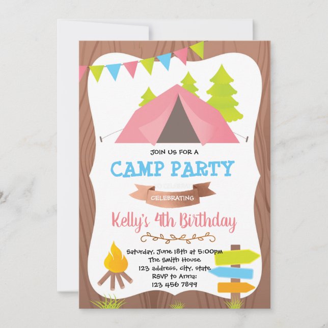 Cute camp birthday party invitation (Front)